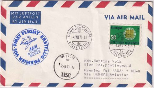 Liechtenstein - AUA Erstflug Genf/Wien Luftpostbrief Zuleitungspost 1971