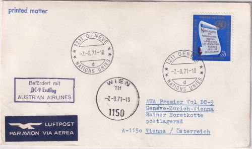 UNO Genf - AUA Erstflug Genf/Wien Luftpostbrief Zuleitungspost 1971