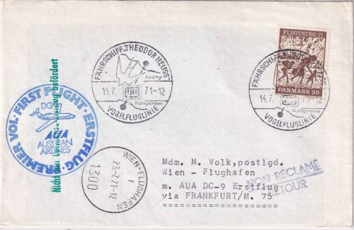 Dänemark - AUA Erstflug FFM/Wien Zuleitungspost Schiffspost Vogelfluglinie 1971