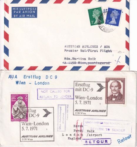 Österreich/England - AUA Erstflug Wien/London 1971 + Lupo-Brief London/Wien