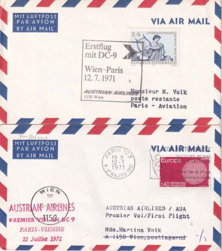 Österreich/Frankreich - AUA Erstflug Wien/Paris + Paris/Wien 2 Belege 1971