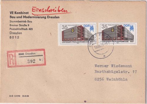 DDR - 2x35 Pfg. Leipziger Frühjahrsmesse Einschreibebrief Dresden Weinböhla 1989