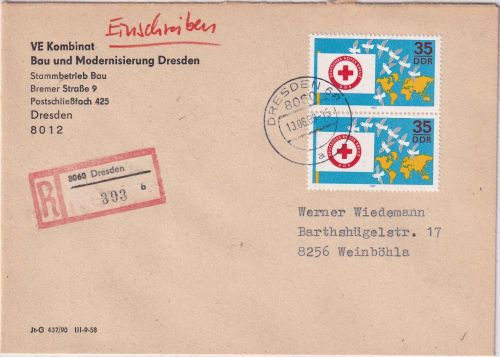 DDR - 2x35 Pfg. Rotes Kreuz Kongress Einschreibebrief Dresden - Weinböhla 1989