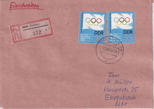 DDR - 2x35 Pfg. IOC Session Einschreibebrief Dresden - Ebersbach 1989