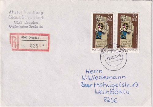 DDR - 2x35 Pfg. Postmeilensäule Einschreibebrief Dresden - Weinböhla 1989