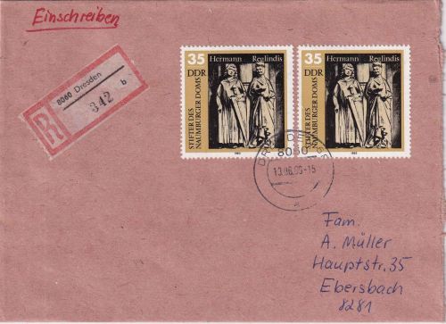 DDR - 2x35 Pfg. Stifter Naumburger Dom Einschreibebrief Dresden - Ebersbach 1989