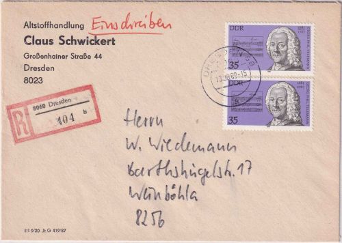 DDR - 2x35 Pfg. Telemann Einschreibebrief Dresden - Weinböhla 1989