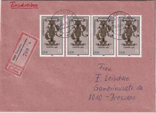 DDR - 4x15 Pfg. Int. Buchkunstausstellung Ortseinschreibebrief Dresden 1989