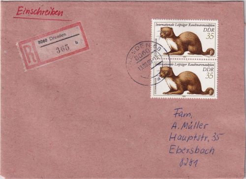 DDR - 2x35 Pfg. Steinmarder Einschreibebrief Dresden - Ebersbach 1989