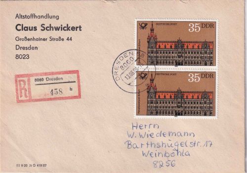 DDR - 2x35 Pfg. Postbauten Einschreibebrief Dresden - Weinböhla 1989
