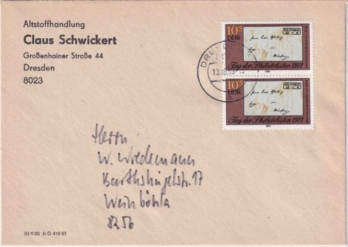 DDR - 2x10 Pfg. Tag d. Philatelisten Brief Dresden - Weinböhla 1989