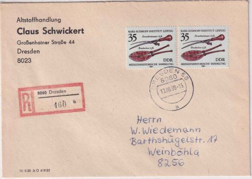 DDR - 2x35 Pfg. Medizin. Instrumente Einschreibebrief Dresden - Weinböhla 1989