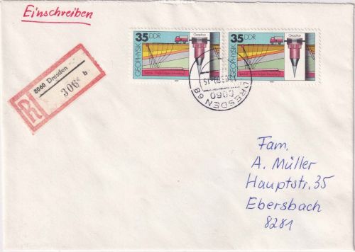 DDR - 2x35 Pfg. Geophysik Einschreibebrief Dresden - Ebersbach 1989