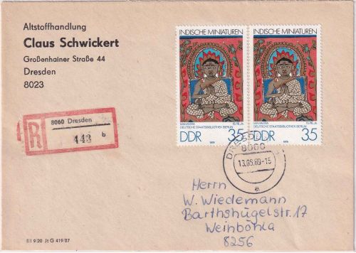 DDR - 2x35 Pfg. Indische Miniaturen Einschreibebrief Dresden - Weinböhla 1989