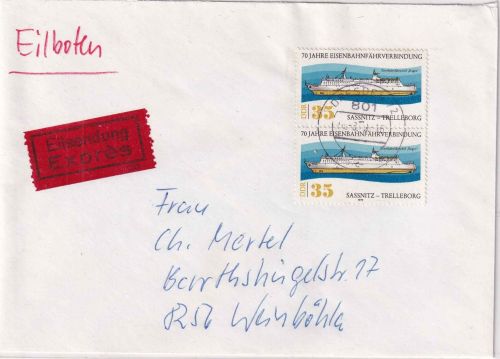 DDR - 2x35 Pfg. Eisenbahnfähre Eilbrief Dresden - Weinböhla 1989