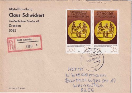 DDR - 2x35 Pfg. afrik. Kunst Einschreibebrief Dresden - Weinböhla 1989