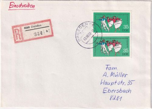 DDR - 2x35 Pfg. Jugendspartakiade Einschreibebrief Dresden - Ebersbach 1989