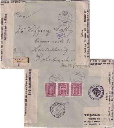 Österreich - 3x10 K. Ähre Einschreibebrief>100g Wien - Heidelberg 10.1.22 Zensur