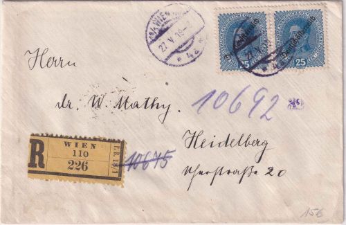 Österreich - 2x25 H. "Deutsch-Österreich" Einschreibebrief <20g Wien 13.9.19