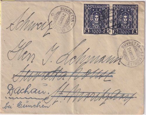 Österreich - 2x1.000 K. Frauenkopf Brief i.d. SCHWEIZ Mödling 16.8.23 Weiterltg.