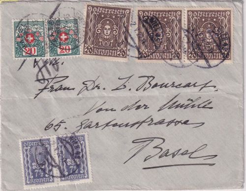 Österreich - 3x20 K. Frauenkopf u.a. Brief i.d. SCHWEIZ Wien 2.V.22 - Nachporto