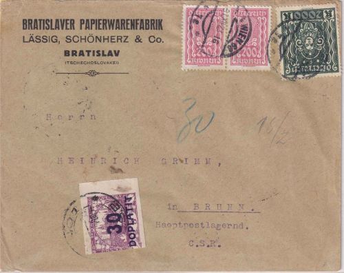Österreich - 2.000 K. Frauenkopf u.a. Brief n. TSCHECHIEN Wien 31.12.23 Lagergeb