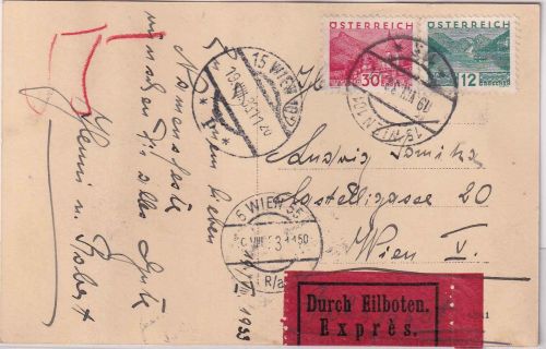 Österreich - 30+12g Landschaften/klein Ortseilkarte/Rohrpost Wien 19.8.33