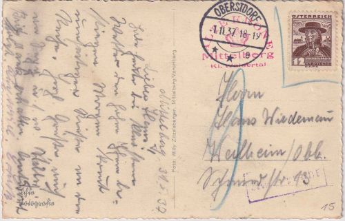 Österreich - 12g Trachten Karte Oberstdorf (Mittelberg) Weilheim 1937 Nachporto