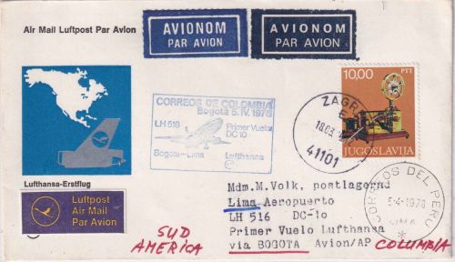 Jugoslawien - 10 Din. Morse-Telegraph Luftpostbrief/LH-Erstflug Zuleitung 1978