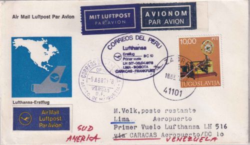 Jugoslawien - 10 Din. Morse-Telegraph Luftpostbrief/LH-Erstflug Zuleitung 1978