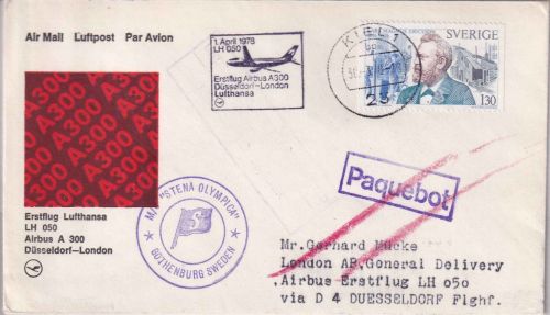 Schweden - 1,30 Kr Ericsson Luftpostbrief/LH-Erstflug Zuleitung/Schiffspost 1978