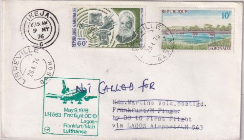 Gabun - 60 Fr. 100 J. Telefon/G. Bell Luftpostbrief/LH-Erstflug Zuleitung 1976