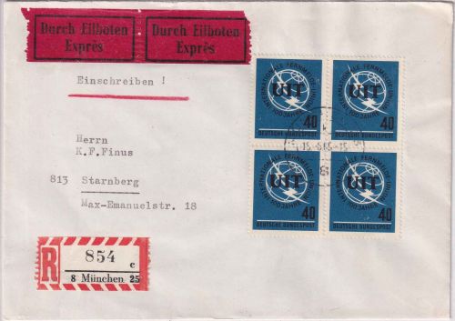 BRD - 40 Pfg. 100 J. UIT 4er-Block Einschreibe-Eilbrief München - Starnberg 1965