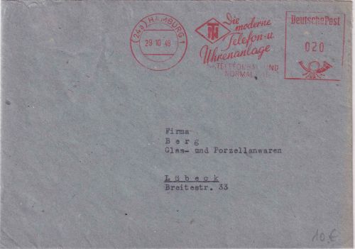 Bizone - Hamburg 1948 20 Pfg. AFS "Telefonbau und Normalzeit" Brief n. Lübeck