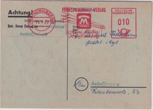 BRD - Nürnberg 1952 10 Pfg. AFS "Fernsprechbuch-Verlag" Karte n. Aschaffenburg