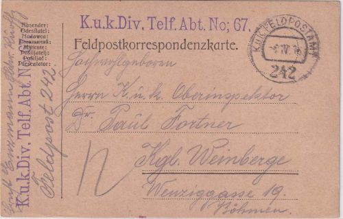 Österreich - KuK Div. Telf.Abt.No.67 L1 Feldpostkarte FpA 242 1916