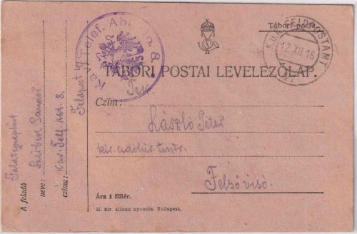 Österreich - Kav. Telef. Abt. No.8 ung. Feldpostkarte FpA 47 1916 n. Felsöviso
