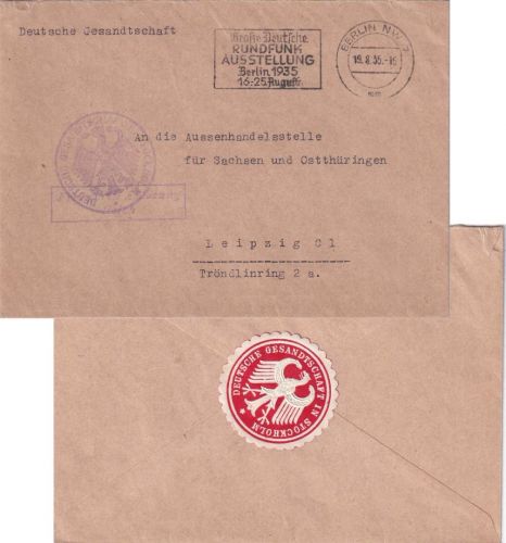 DR - Berlin 1935 Brief Konsulatpost Stockholm n. Leipzig