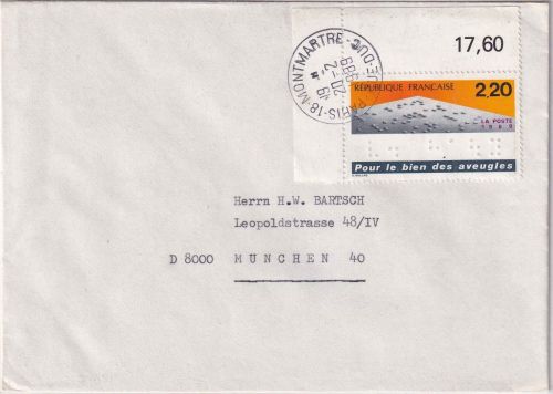 Frankreich - 2,20 Fr. Blindenhilfe/Brailleschrift Bogenecke Brief Paris 1989