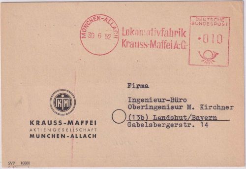 BRD - München-Allach 1952 10 Pfg. AFS "Lokomotiv-Fabrik Krauss-Maffei AG" Karte