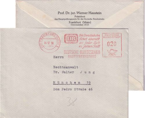 BRD - Frankfurt a/M. 1956 20 Pfg. AFS "Deutsche Bundesbahn" Brief Absender !!