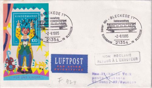 BRD - Bleckede 1995 100 J. Eisenbahn SST Luftpostbrief n. REUNION