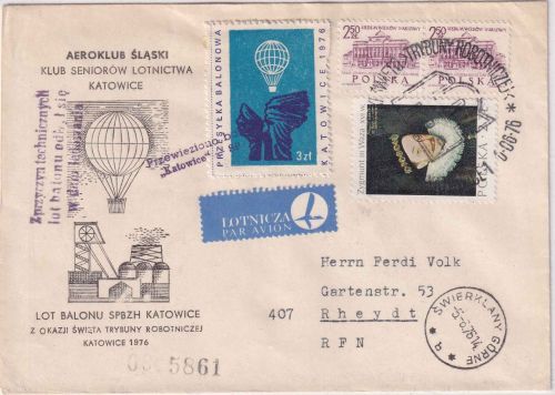 Polen - Ballonpost Kattowitz/Świrklany Górne Schmuckkuvert m. Vignette 1976