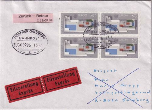 BRD - Bahnpost München/Salzburg Eilbrief n. Salzburg/postlagernd 1987