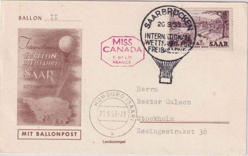 Saar - Saarbücken 1953 Int. Ballon-Wettfahrt "Miss Canada" Schmuckkarte