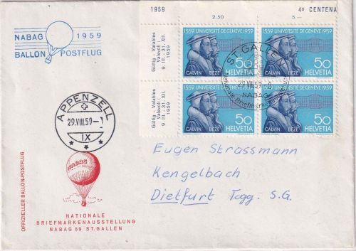 Schweiz - 50 Rp. 400 J. UNI Genf 4er-Block/Bogenecke Ballonpostbrief 1959