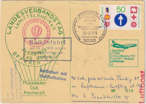 BRD - Frechen 1979 Ballonpostkarte Zuleitungspost LH-Erstflug FFM/Venedig