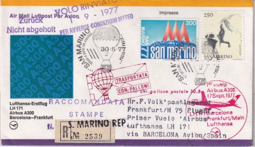 San Marino - Ballonpost 1977 Zuleitungspost/LH Erstflug Barcelona - FFM