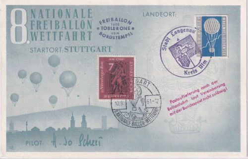 BRD - Ballonkarte Freiballon "Toblerone" 8. Nat. Wettfahrt SST Stuttgart 1961