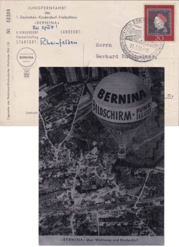 BRD - Ballonkarte Jungfernfahrt Freiballon "Bernina" Donaueschingen 1959